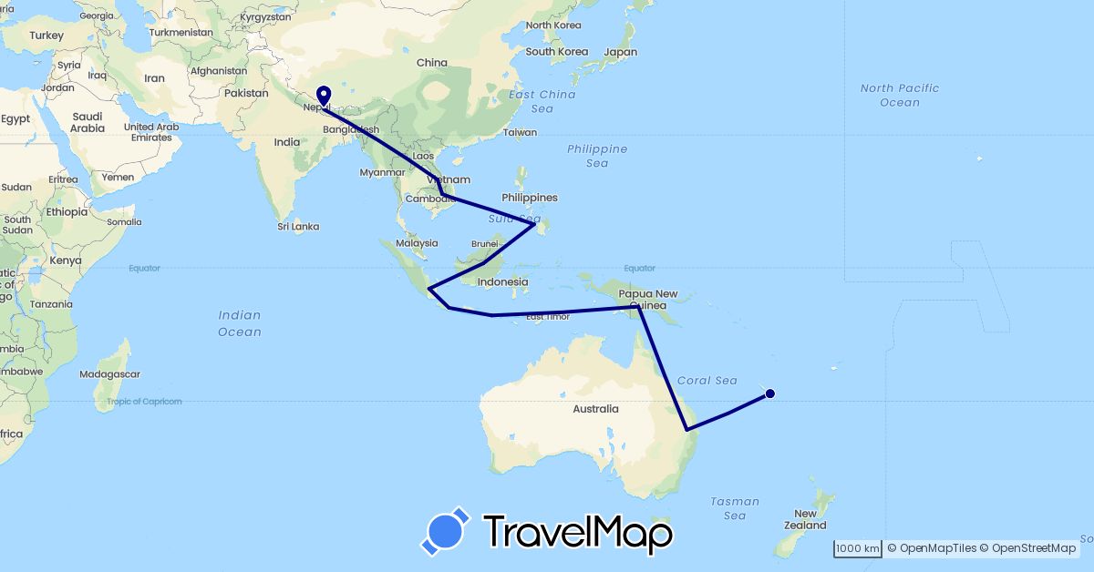 TravelMap itinerary: driving in Brunei, France, Indonesia, Cambodia, Laos, Nepal, Philippines, Thailand, Vietnam (Asia, Europe)